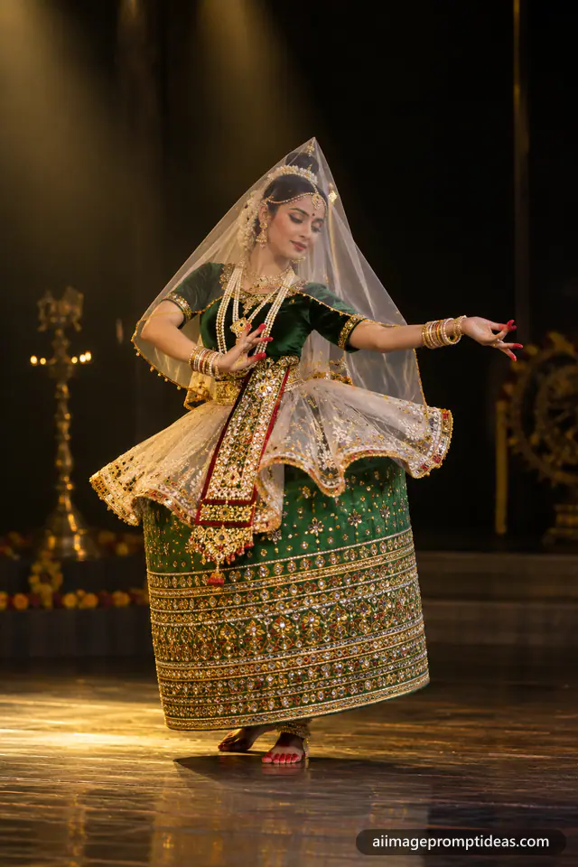Manipuri dancer in a barrel-shaped green potloi skirt and white veil in a graceful pose, AI generated