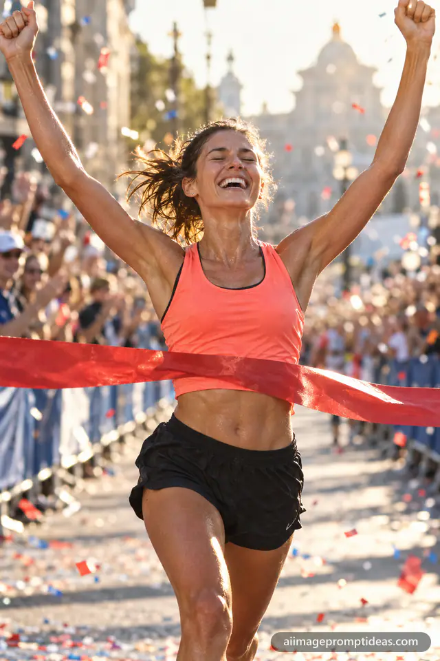 Woman marathon runner crossing the finish line with arms raised as confetti falls, AI generated