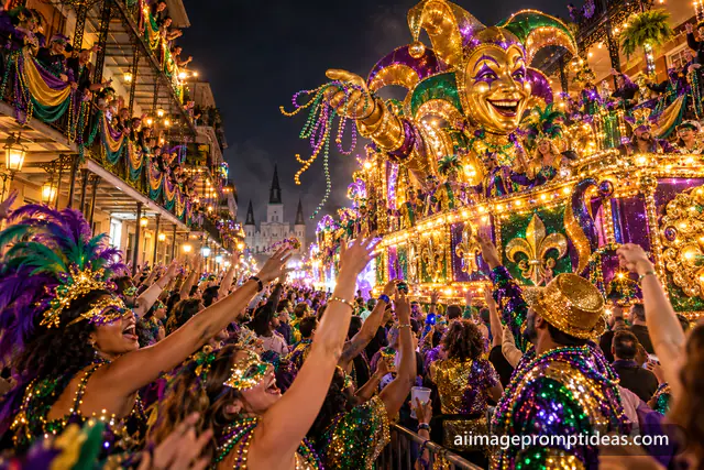 Glittering Mardi Gras float and masked crowd catching beads at night, AI generated
