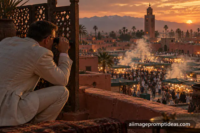 Spy in a linen suit watching a Marrakech square from a rooftop at sunset, AI generated