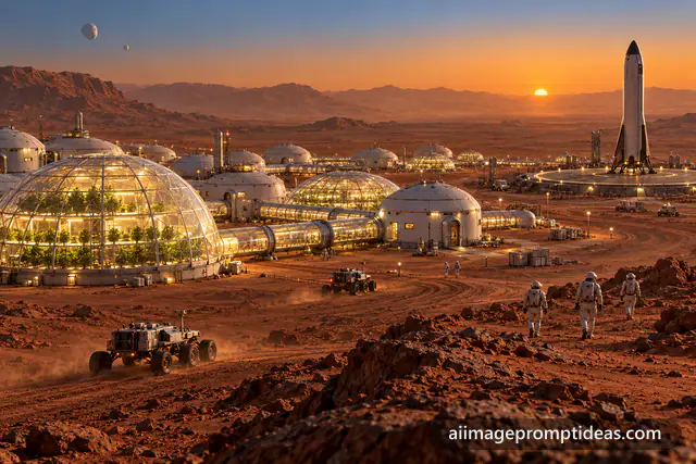 Human colony on Mars with glowing domes, rovers and a rocket on a red plain at dusk, AI generated