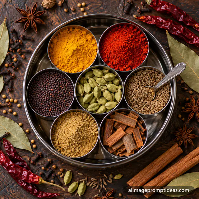 Top view of an open steel masala dabba with colorful spices and whole spices around it, AI generated