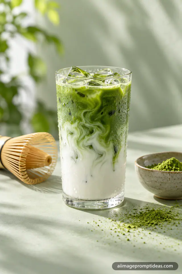 Iced matcha latte with green swirling into milk beside a bamboo whisk and matcha powder, AI generated
