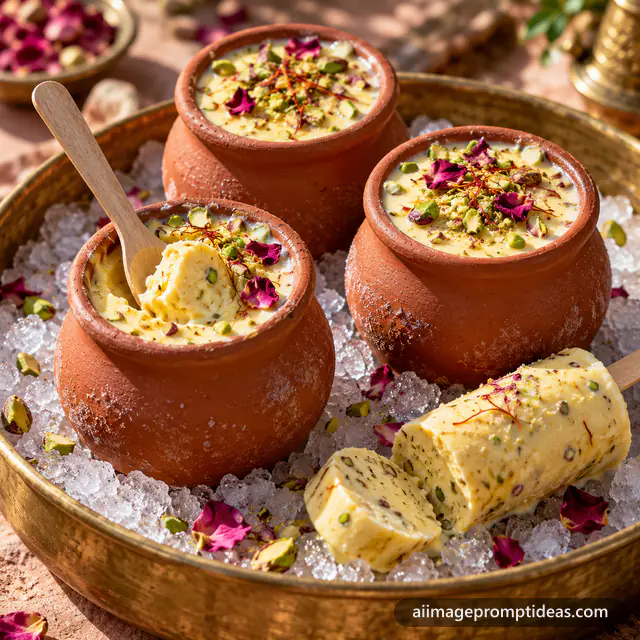 Creamy kulfi in small clay matkas topped with pistachio and saffron on crushed ice, AI generated