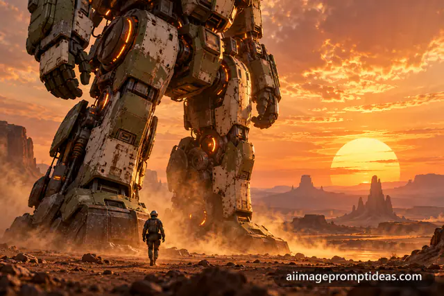 Giant battle-worn mech robot on a dusty plain at sunset with a small pilot for scale, AI generated