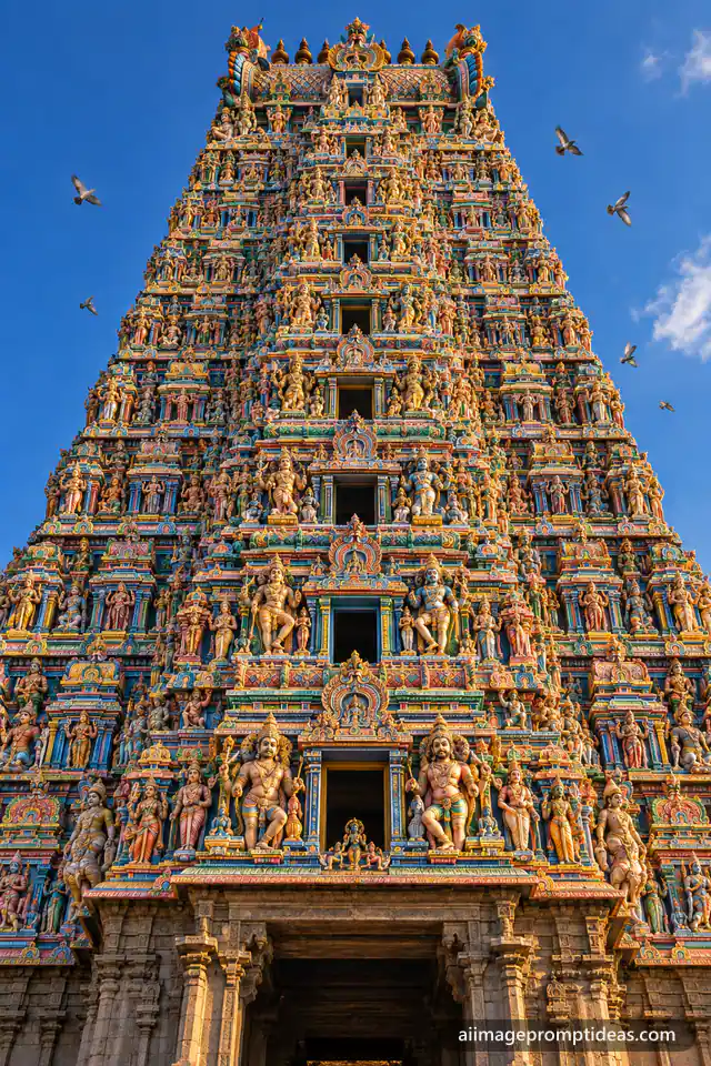 Towering colorful gopuram of the Meenakshi Temple covered in painted sculptures against a blue sky, AI generated