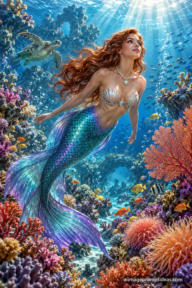 Mermaid with an iridescent teal tail swimming through a colorful coral reef lit by sunbeams, AI generated