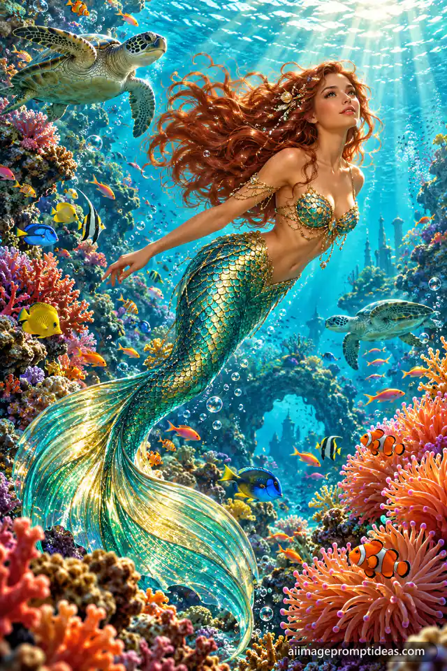 Mermaid with a shimmering teal tail swimming through a colorful coral reef with sun rays, AI generated