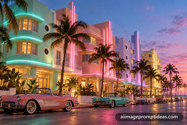 Pastel Art Deco hotels with neon trim along a Miami Beach boulevard at dusk, AI generated