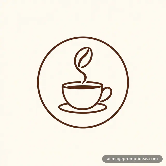 Minimal brown line logo of a steaming coffee cup with a coffee bean shaped steam inside a circle, AI generated