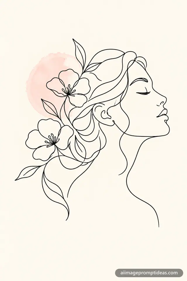 Minimal single-line drawing of a woman's face with flowers in her hair on cream, AI generated