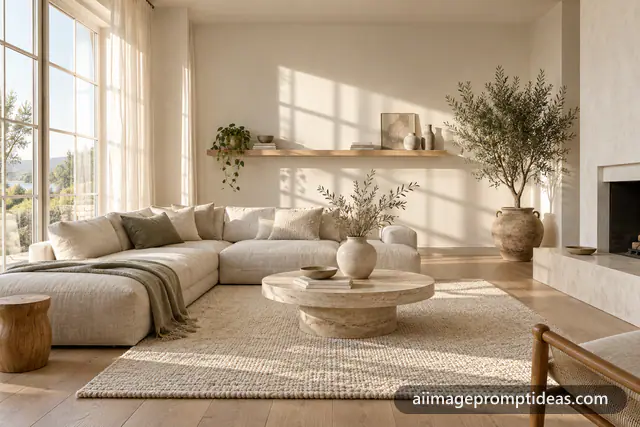 Minimalist Scandinavian living room with linen sofa, oak floor and morning sunlight, AI generated