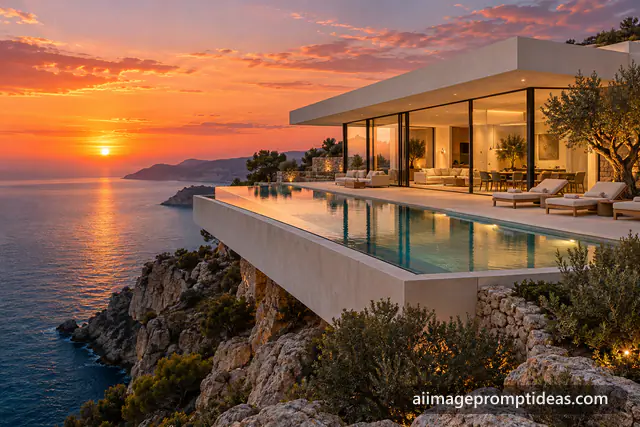 Modern white concrete and glass villa with an infinity pool on a cliff above the ocean at sunset, AI generated