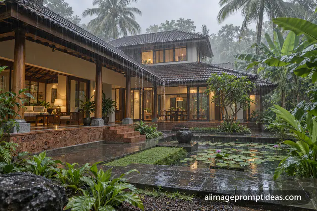 Modern Kerala house with sloping tiled roofs, wooden pillars and courtyard in monsoon rain, AI generated