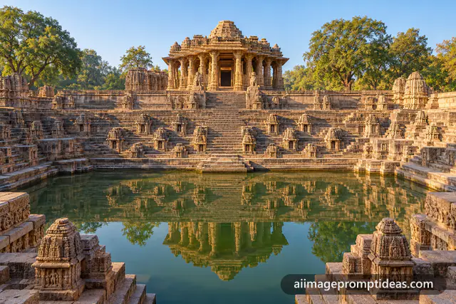 Modhera Sun Temple reflected in its geometric stepped tank, AI generated