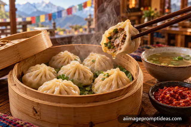 Steamed momos in a bamboo steamer with red chili chutney and one lifted by chopsticks, AI generated