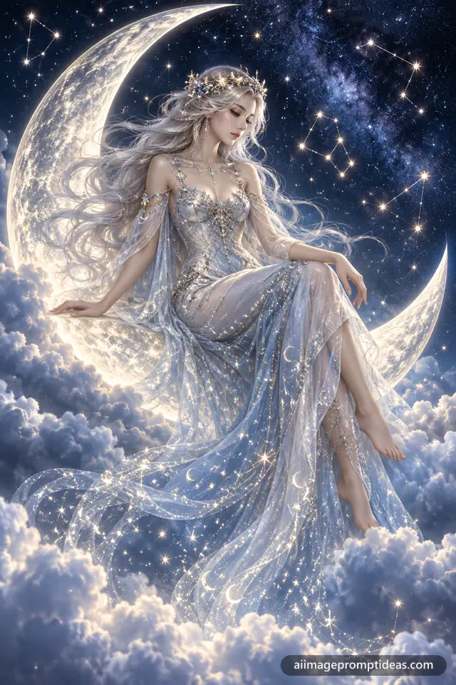 Moon goddess in a silver gown dissolving into stardust sitting on a glowing crescent moon, AI generated