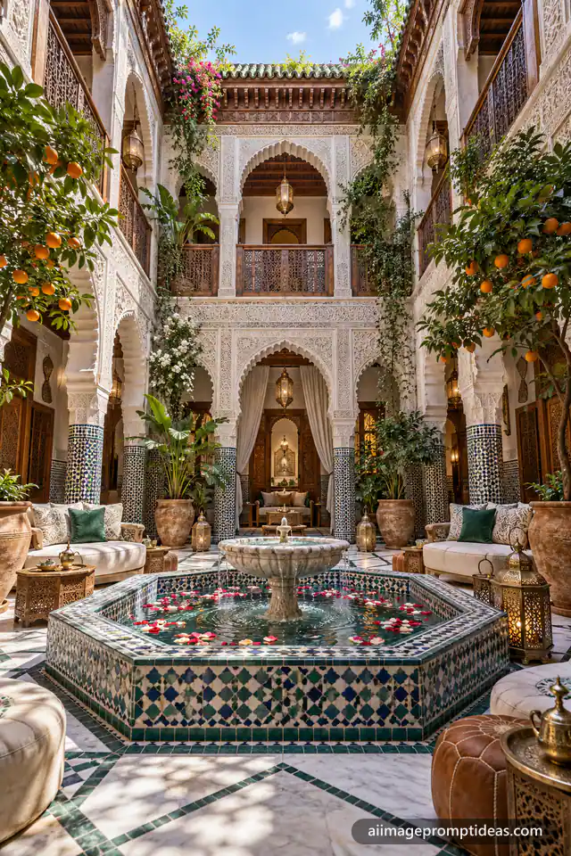 Moroccan riad courtyard with a tiled fountain and orange trees, AI generated