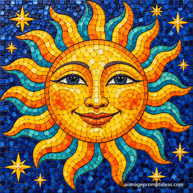 Colorful ceramic mosaic of a smiling sun face with radiating rays in tiny glossy tiles, AI generated