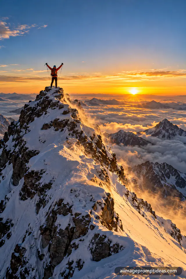 Climber in an orange jacket with arms raised on a snowy summit at sunrise above a sea of clouds, AI generated
