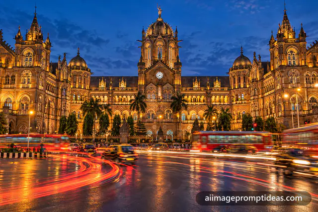 Mumbai CST Gothic railway station lit at dusk with traffic trails, AI generated