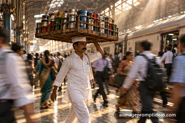 Mumbai dabbawala carrying a crate of tiffin boxes through a train station, AI generated