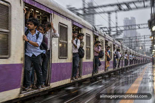 Crowded Mumbai local train speeding past with commuters leaning out of the open doors, AI generated