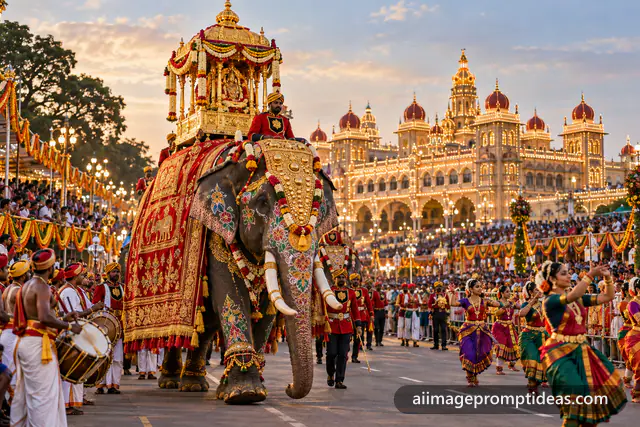 Decorated elephant carrying a golden howdah in the Mysore Dasara procession near the palace, AI generated