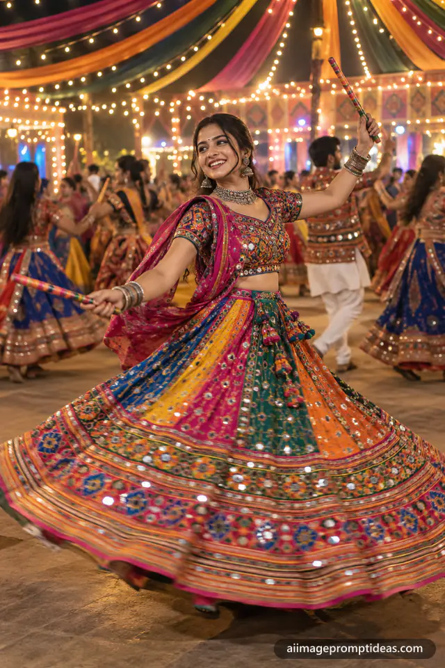 Woman spinning in a colorful mirror-work chaniya choli with dandiya sticks during Navratri garba, AI generated