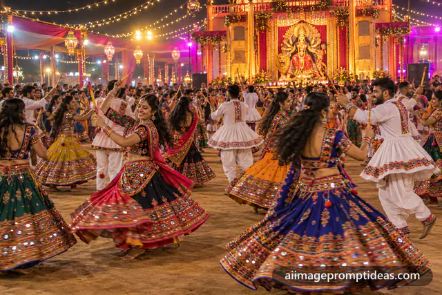Women in colorful chaniya cholis and men in kediyu dancing garba at night, AI generated