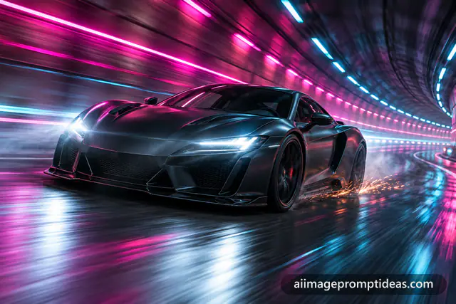 Matte black sports car speeding through a neon tunnel with magenta and cyan light trails, AI generated