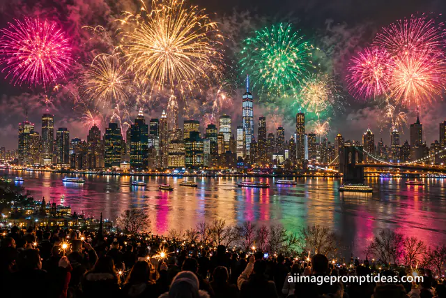 Colorful New Year fireworks over a city skyline reflected in a river with a crowd holding sparklers, AI generated