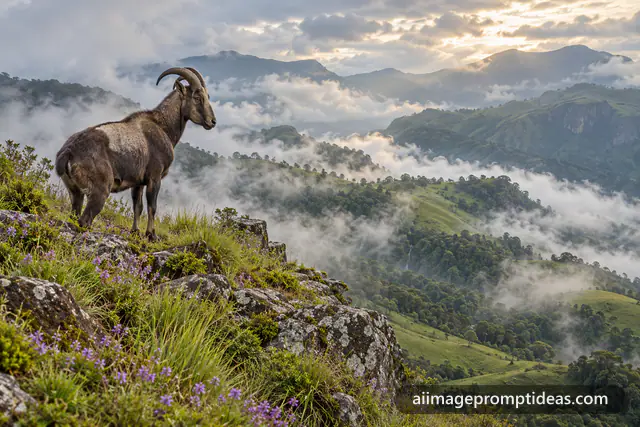 Nilgiri tahr on a grassy cliff above misty hills near Munnar, AI generated