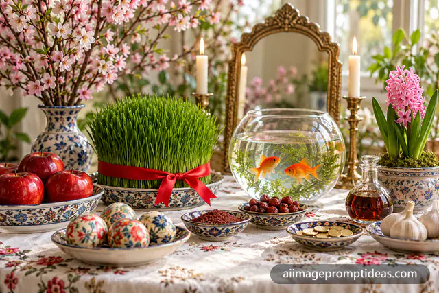 Nowruz haft-sin table with sprouts, painted eggs and goldfish, AI generated
