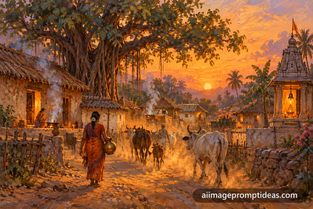 Impressionist oil painting of an Indian village at dusk with mud houses, a banyan tree and cows, AI generated