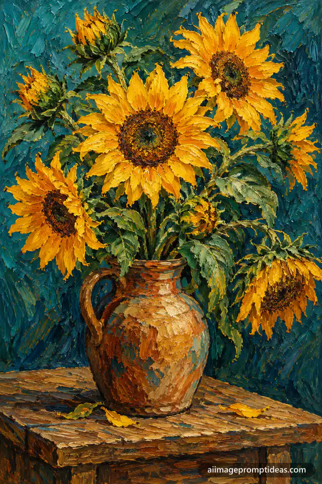 Post-impressionist oil painting of sunflowers in a clay vase with swirling brushstrokes, AI generated