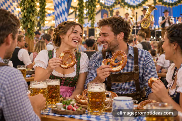 Friends in dirndl and lederhosen sharing pretzels at an Oktoberfest tent, AI generated