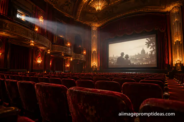 Empty vintage cinema hall with red velvet seats and a dusty projector beam, AI generated