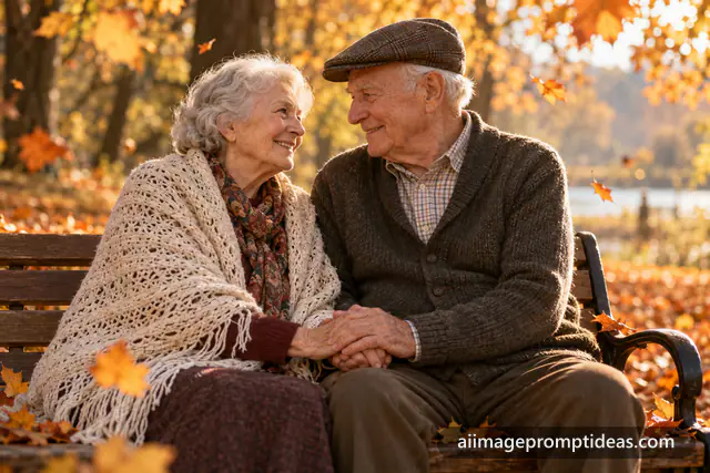Elderly couple holding hands and smiling on a park bench among autumn leaves, AI generated
