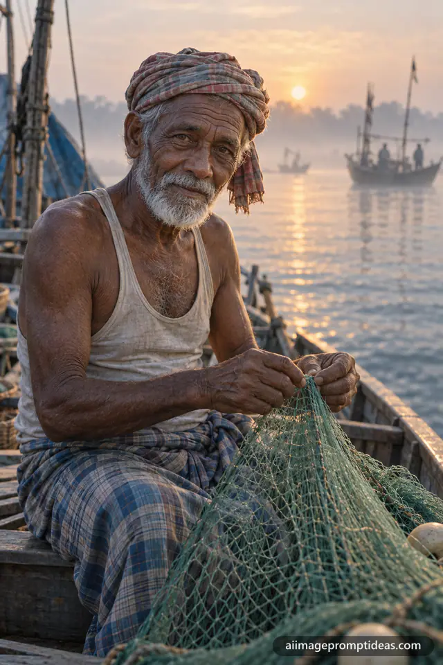 Old fisherman with a white beard mending a green net on a wooden boat in morning mist, AI generated