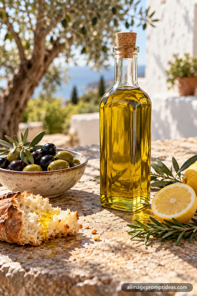 Glass olive oil bottle with olives, rosemary, lemon and bread on a sunlit stone table, AI generated