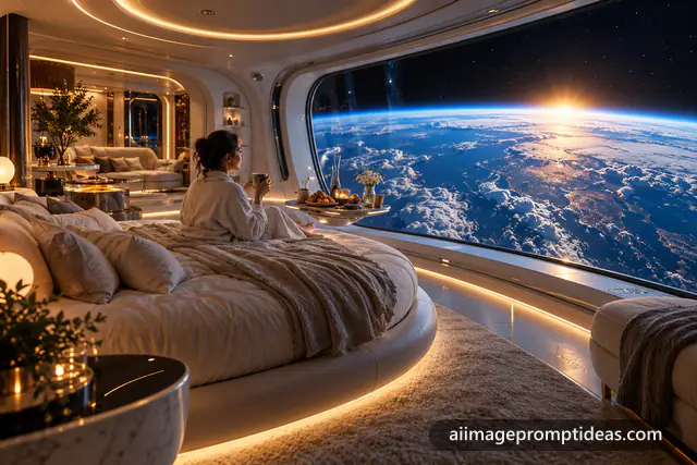 Luxury orbital hotel suite with a panoramic window view of Earth, AI generated