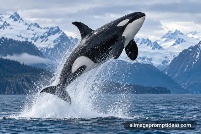 Orca breaching out of a cold blue ocean with snowy mountains behind, AI generated