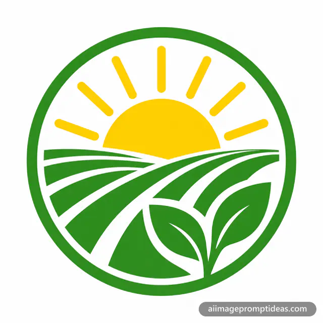 Flat organic farm logo badge of a rising sun over curved crop rows with a leaf, AI generated