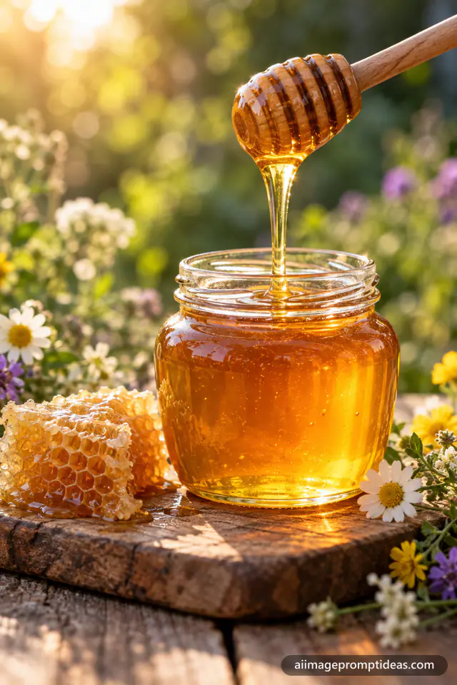 Glass jar of golden honey with a wooden dipper, honeycomb and wildflowers in warm backlight, AI generated