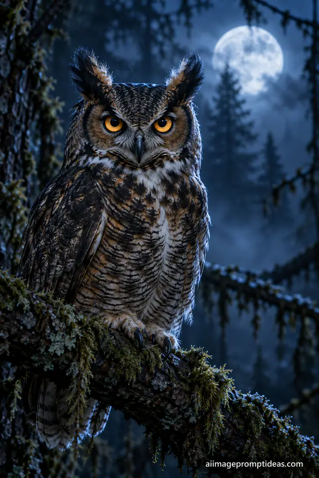 Great horned owl with glowing amber eyes on a mossy branch under a full moon, AI generated