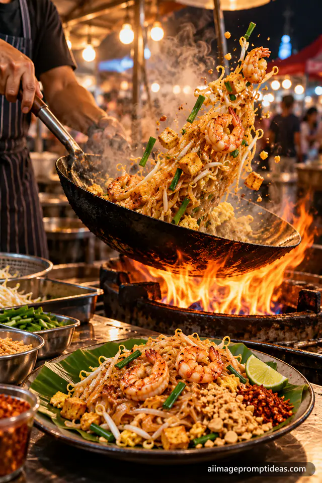 Pad thai noodles tossed in a flaming wok at a night street stall, AI generated