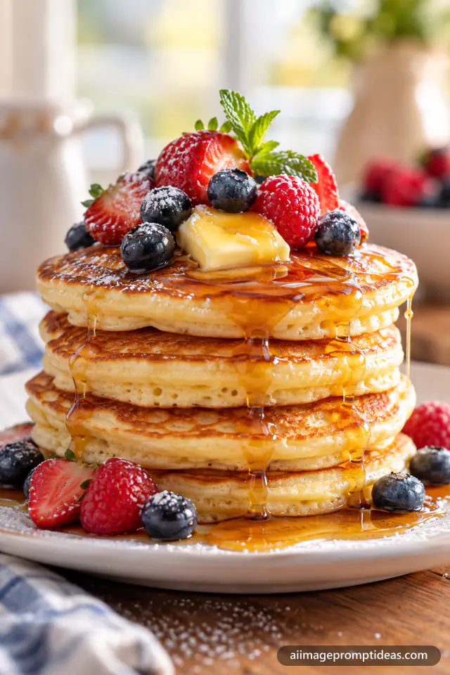 Tall stack of fluffy pancakes with maple syrup pouring, melting butter and fresh berries, AI generated