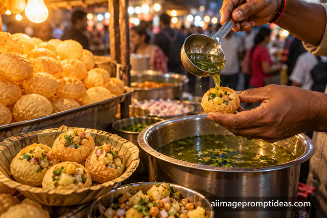 Vendor filling crispy pani puri with spicy water at a busy evening street stall, AI generated