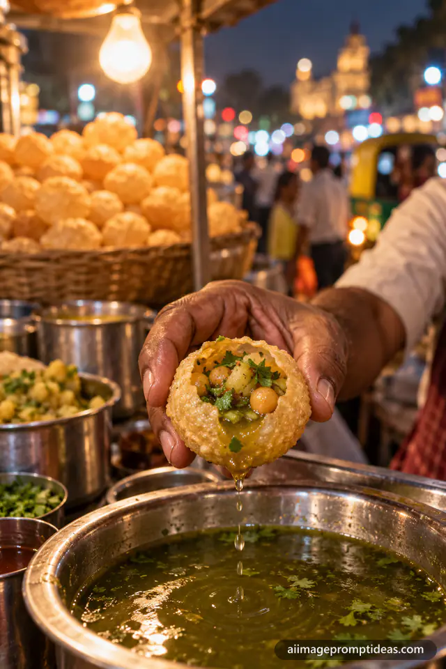 Close-up of a pani puri filled with mint water held over a steel bowl at a night street stall, AI generated